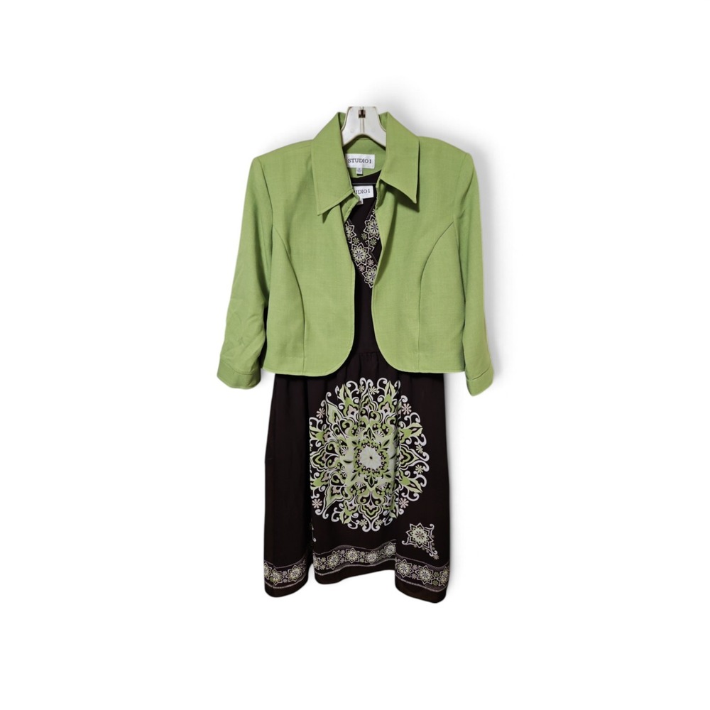Studio I 3-Piece Dress Set Brown Green Mandala Graphic Cropped Jacket 0537